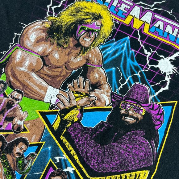 WWE Mad Engine Wrestle Mania Ultimate Warrior Vs Macho Man Medium Black Tee - Picture 5 of 12